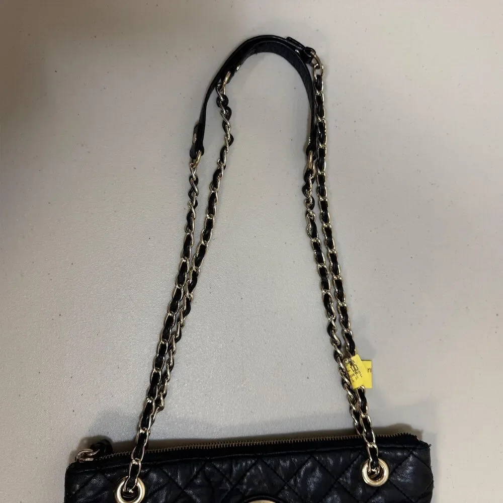DKNY Leather Black Shoulder Bag Quilted Gold Purse Carryall Business Pocketbook